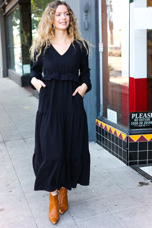 Beautiful You Black Pintuck Detail Frill V Neck Maxi Dress - Coeur de la Mode