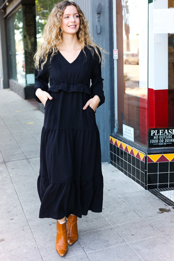 Beautiful You Black Pintuck Detail Frill V Neck Maxi Dress - Coeur de la Mode