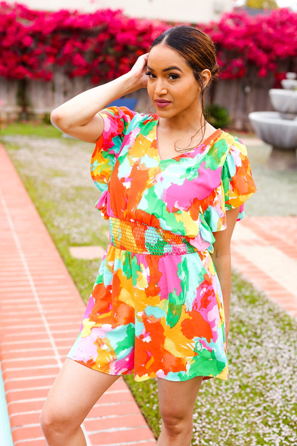 Under The Sun Abstract Floral Smocked Waist V Neck Flutter Sleeve Romper - Coeur de la Mode