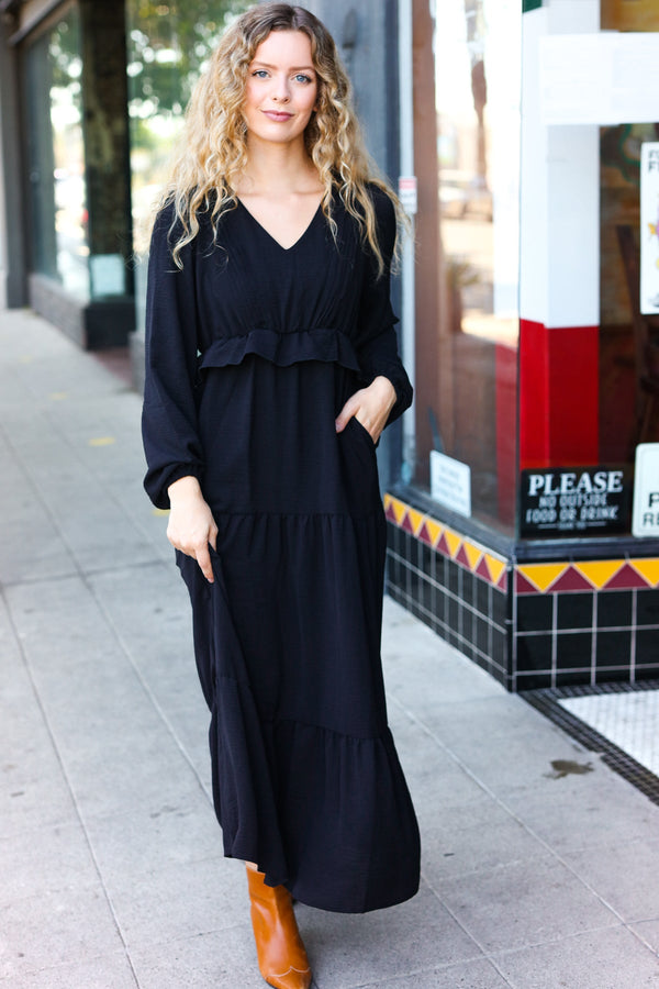 Beautiful You Black Pintuck Detail Frill V Neck Maxi Dress - Coeur de la Mode