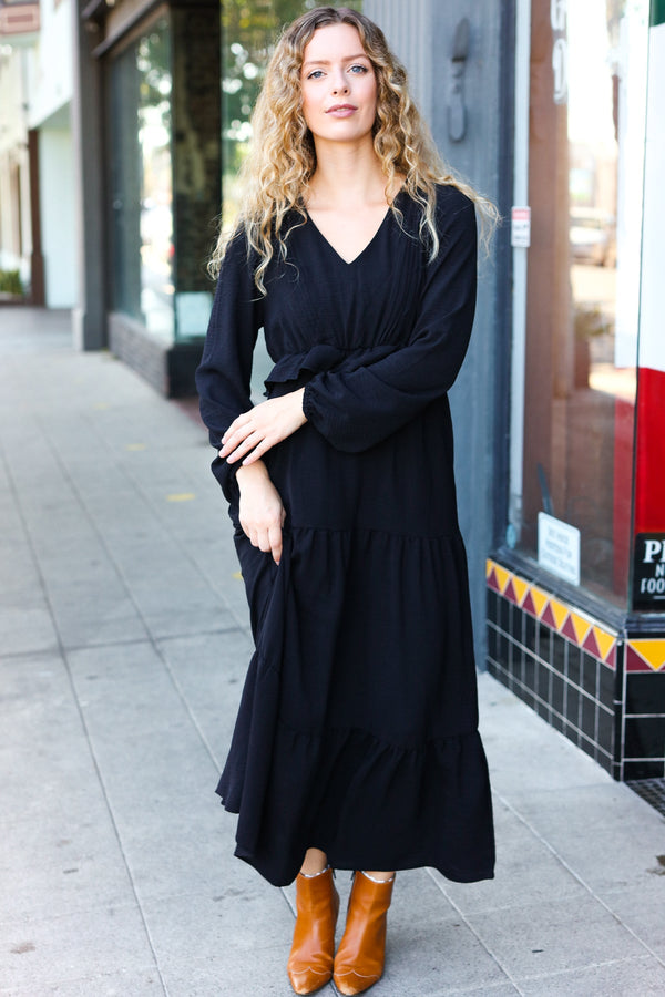 Beautiful You Black Pintuck Detail Frill V Neck Maxi Dress - Coeur de la Mode