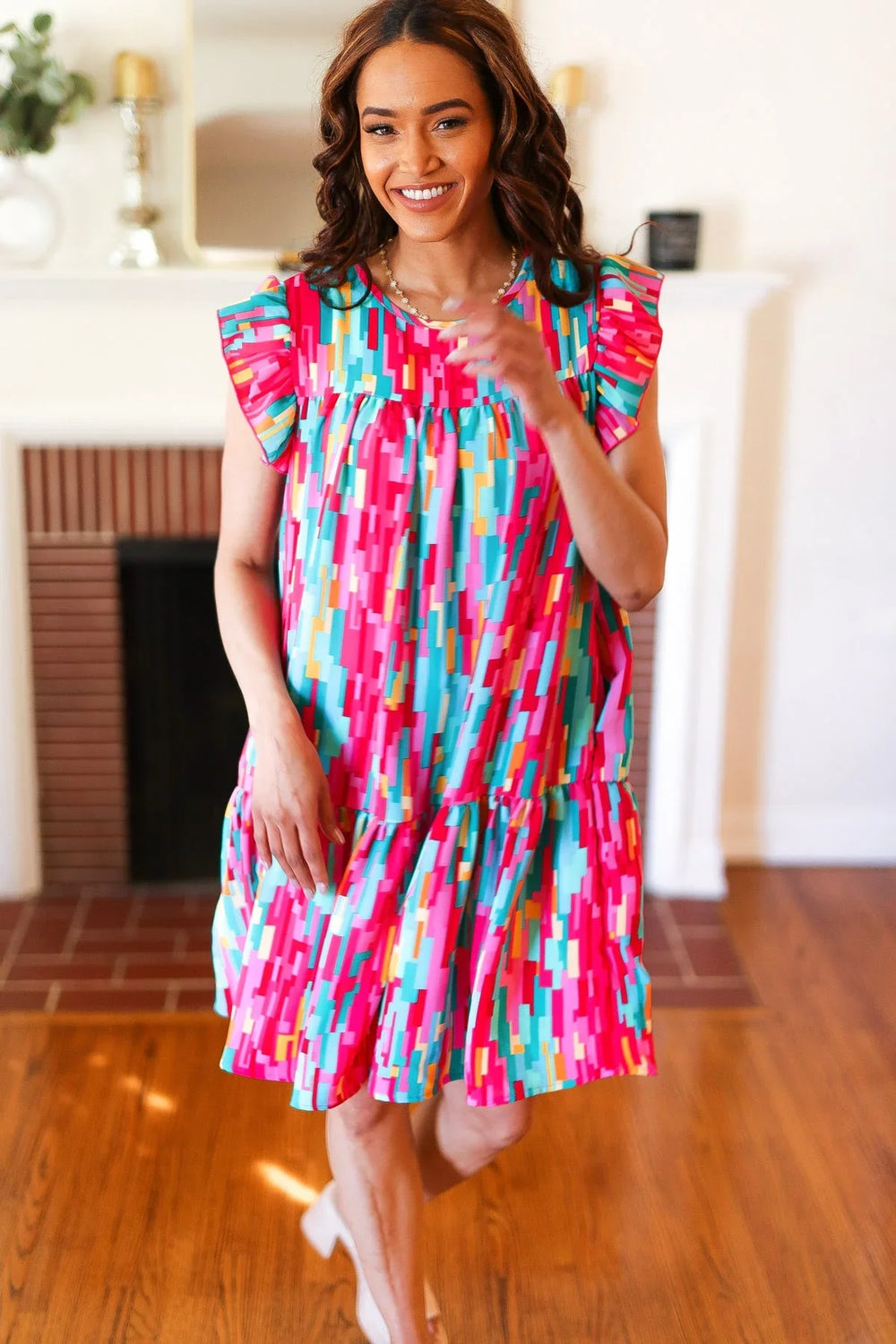 Feeling Bold Multicolor Abstract Print Tiered Ruffle Sleeve Dress - Coeur de la Mode