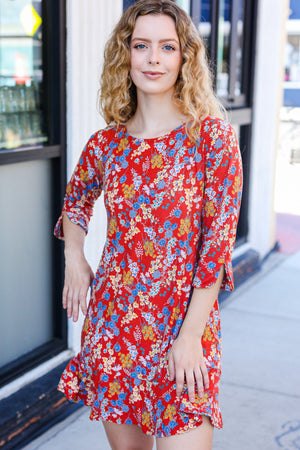 Spread Joy Rust Ruffle Floral Hem 3/4 Slit Sleeve Dress - Coeur de la Mode