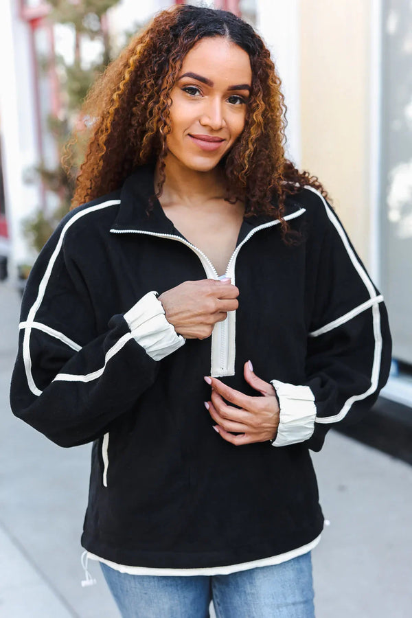 Catch Glances Black Cinched Waist Half Zip Up Fleece Jacket - Coeur de la Mode