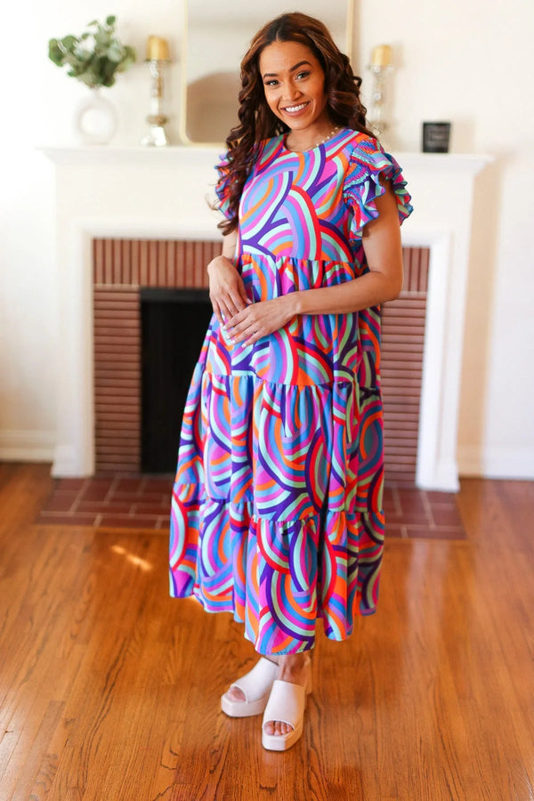 Feel Your Best Purple Abstract Print Smocked Ruffle Sleeve Maxi Dress - Coeur de la Mode