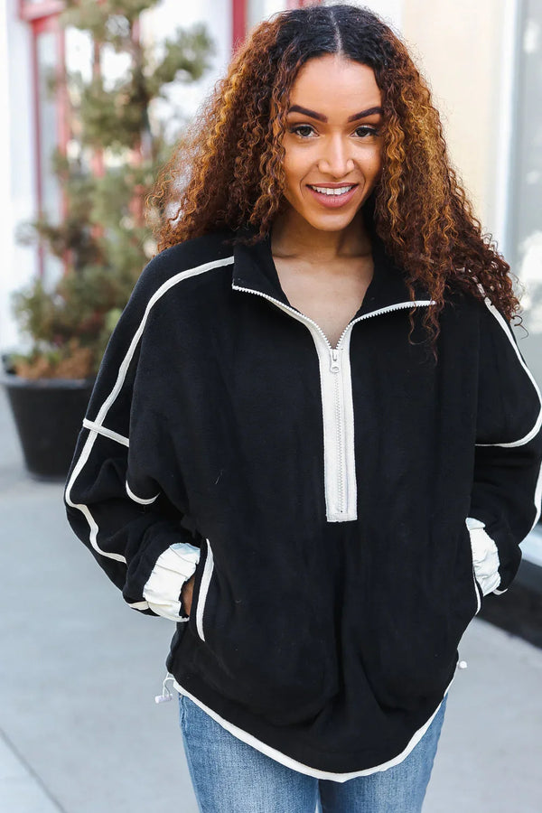 Catch Glances Black Cinched Waist Half Zip Up Fleece Jacket - Coeur de la Mode