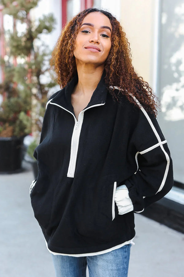Catch Glances Black Cinched Waist Half Zip Up Fleece Jacket - Coeur de la Mode