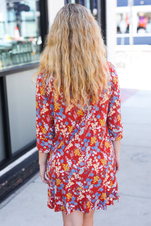 Spread Joy Rust Ruffle Floral Hem 3/4 Slit Sleeve Dress - Coeur de la Mode