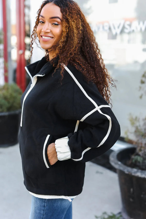 Catch Glances Black Cinched Waist Half Zip Up Fleece Jacket - Coeur de la Mode
