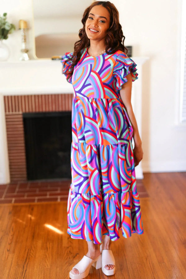 Feel Your Best Purple Abstract Print Smocked Ruffle Sleeve Maxi Dress - Coeur de la Mode