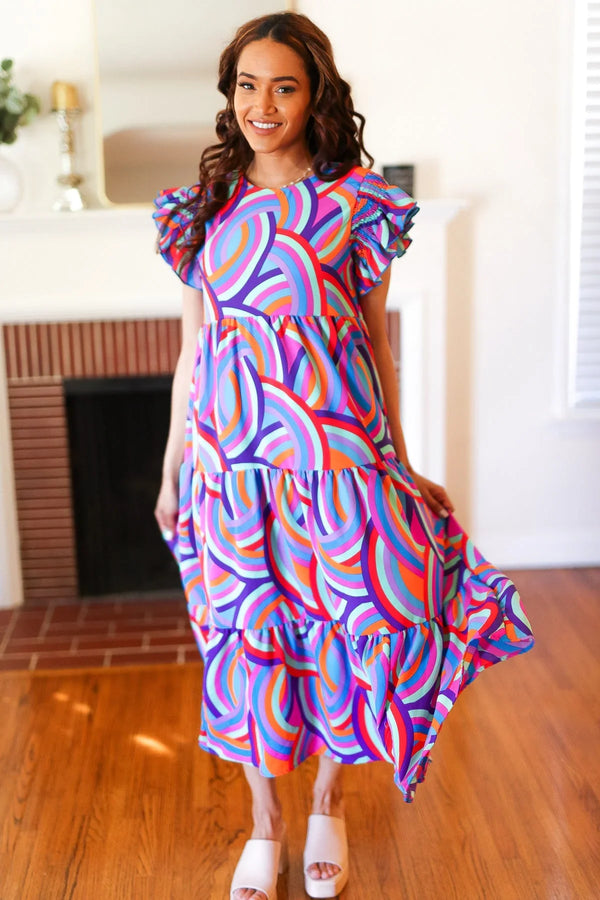 Feel Your Best Purple Abstract Print Smocked Ruffle Sleeve Maxi Dress - Coeur de la Mode