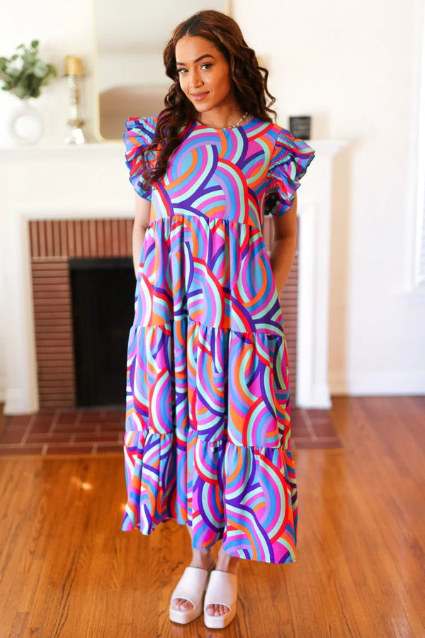 Feel Your Best Purple Abstract Print Smocked Ruffle Sleeve Maxi Dress - Coeur de la Mode