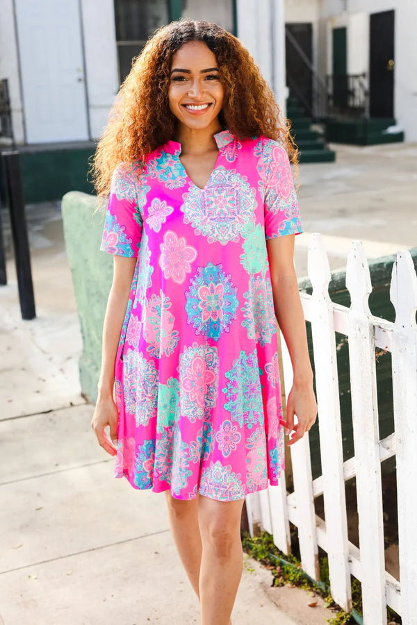 Find Love Hot Pink Abstract Print Frill Notch Neck Dress - Coeur de la Mode