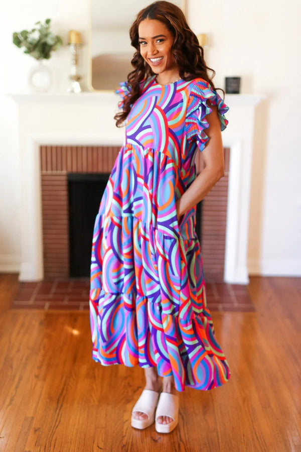 Feel Your Best Purple Abstract Print Smocked Ruffle Sleeve Maxi Dress - Coeur de la Mode