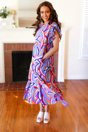Feel Your Best Purple Abstract Print Smocked Ruffle Sleeve Maxi Dress - Coeur de la Mode