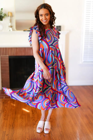 Feel Your Best Purple Abstract Print Smocked Ruffle Sleeve Maxi Dress - Coeur de la Mode