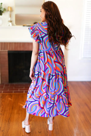 Feel Your Best Purple Abstract Print Smocked Ruffle Sleeve Maxi Dress - Coeur de la Mode