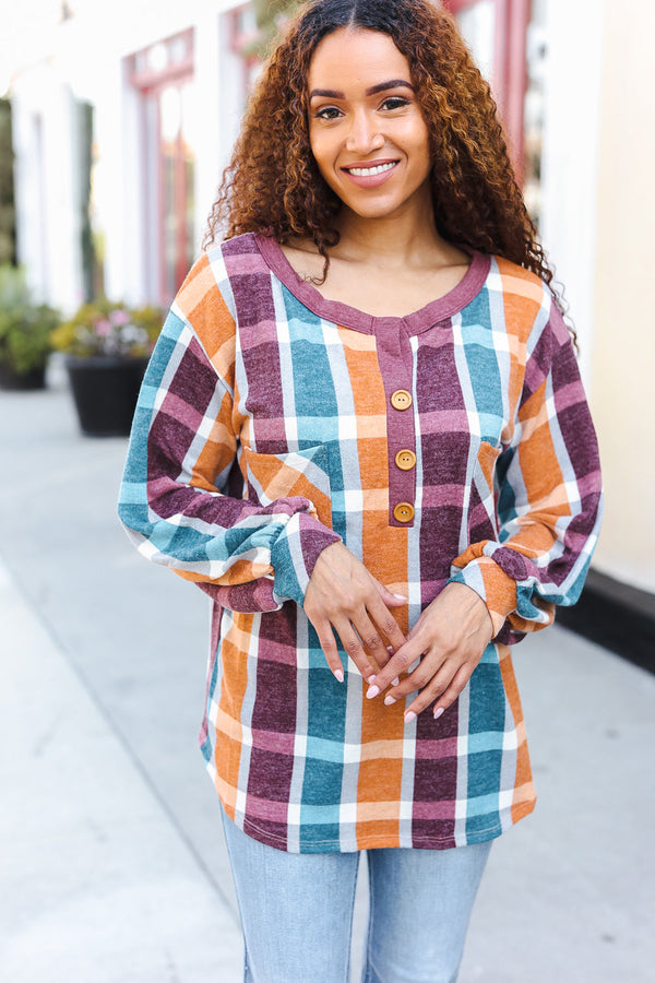 Adorable In Plaid French Terry Henley Pocket Top - Coeur de la Mode