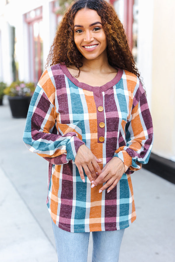 Adorable In Plaid French Terry Henley Pocket Top - Coeur de la Mode