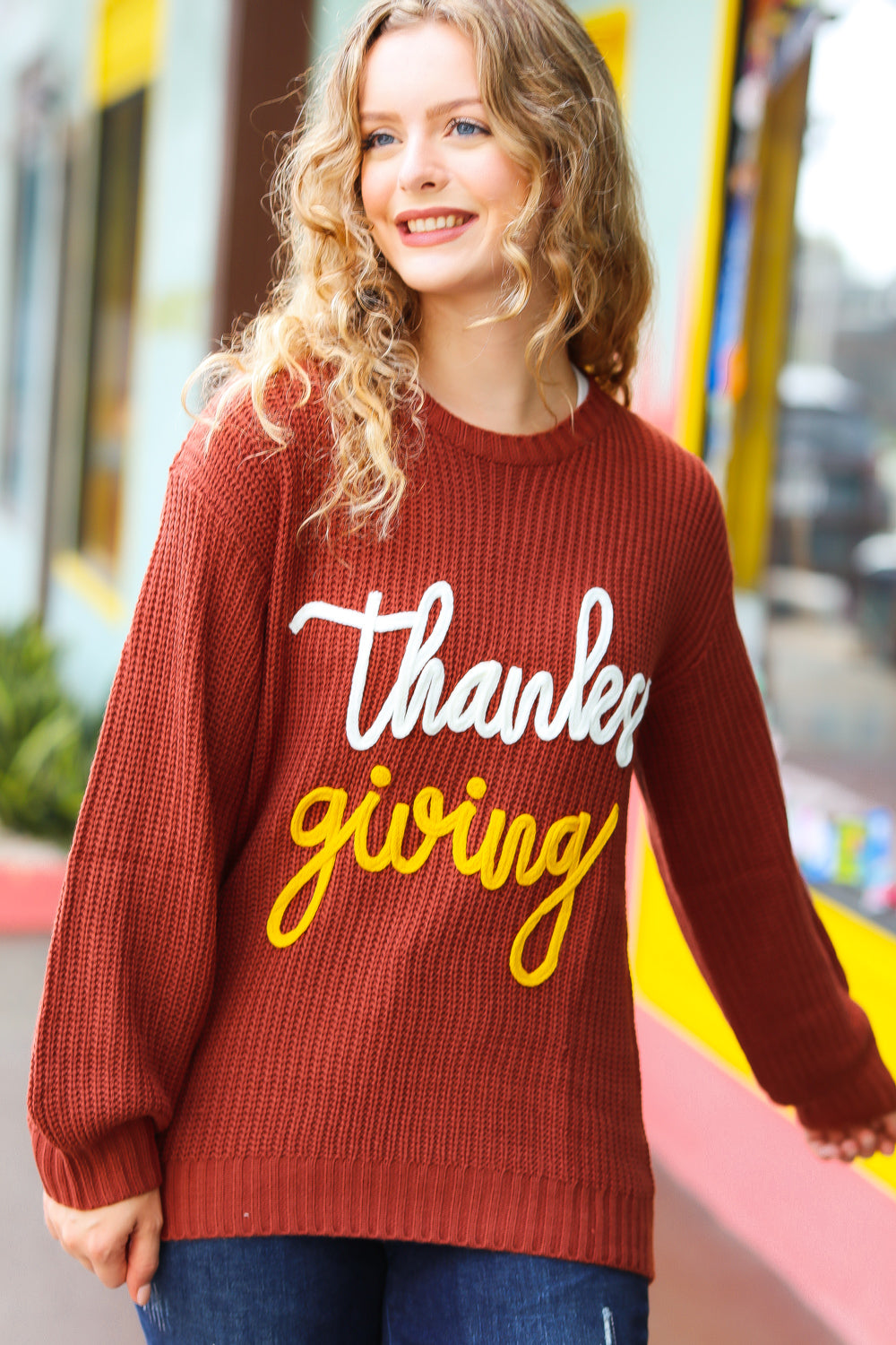 All I Want Thanksgiving Pop Up Embroidery Chunky Sweater - Coeur de la Mode