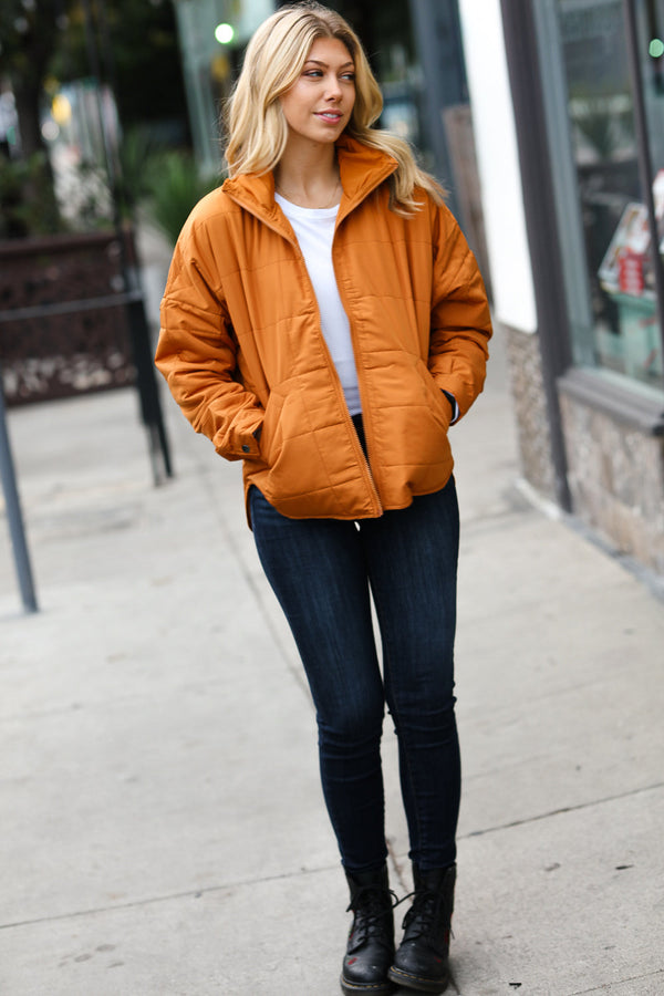 Eyes On You Butterscotch Quilted Puffer Jacket - Coeur de la Mode
