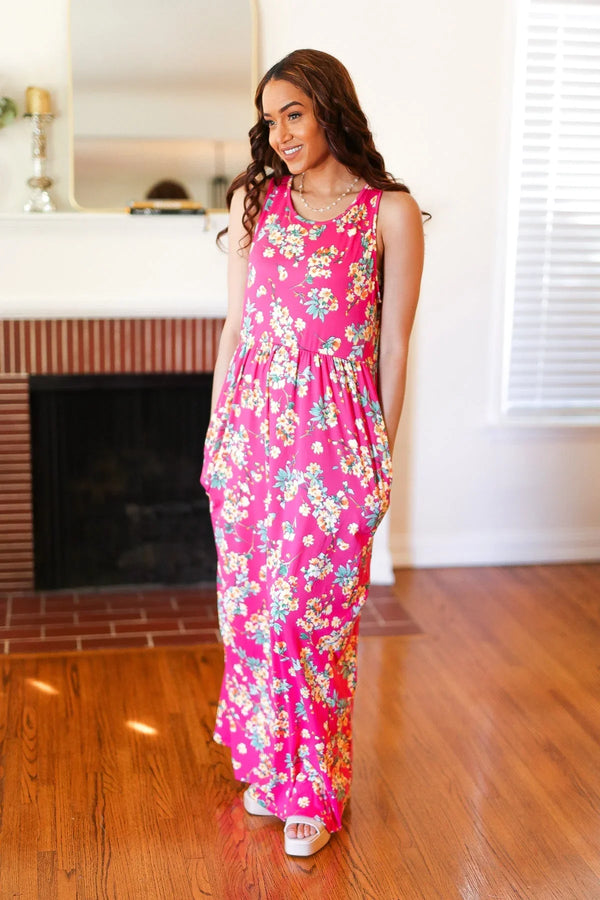 Pink Floral Print Fit and Flare Sleeveless Maxi Dress - Coeur de la Mode