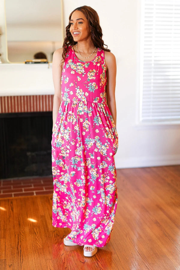 Pink Floral Print Fit and Flare Sleeveless Maxi Dress - Coeur de la Mode