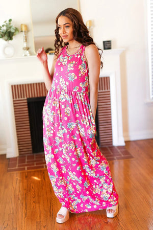 Pink Floral Print Fit and Flare Sleeveless Maxi Dress - Coeur de la Mode