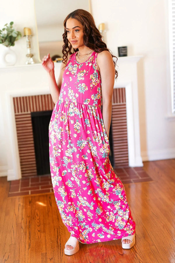Pink Floral Print Fit and Flare Sleeveless Maxi Dress - Coeur de la Mode