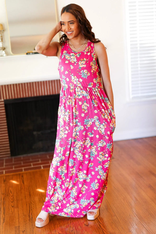 Pink Floral Print Fit and Flare Sleeveless Maxi Dress - Coeur de la Mode