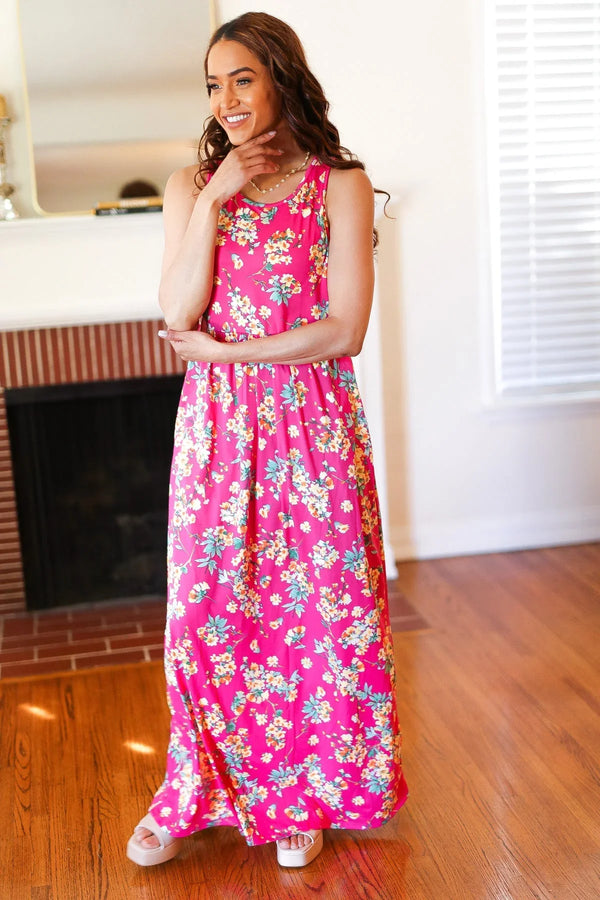 Pink Floral Print Fit and Flare Sleeveless Maxi Dress - Coeur de la Mode