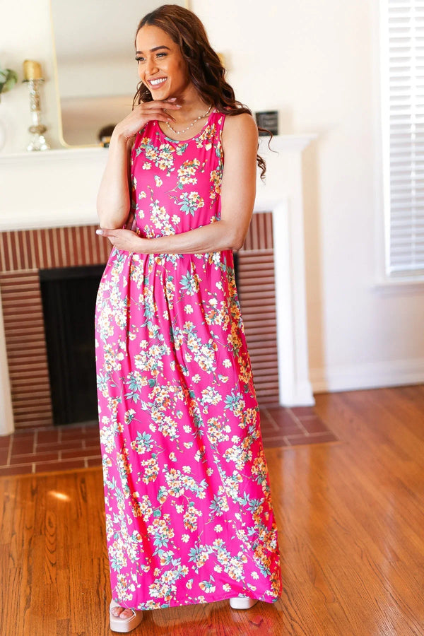 Pink Floral Print Fit and Flare Sleeveless Maxi Dress - Coeur de la Mode