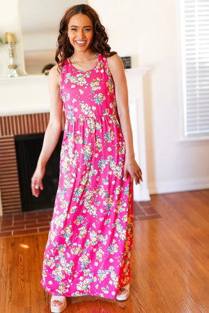 Pink Floral Print Fit and Flare Sleeveless Maxi Dress - Coeur de la Mode
