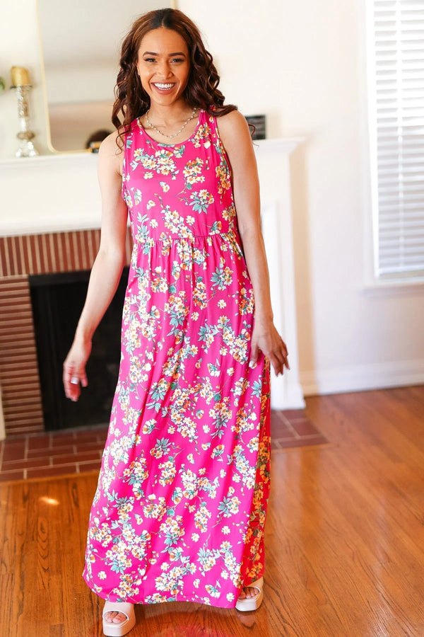 Pink Floral Print Fit and Flare Sleeveless Maxi Dress - Coeur de la Mode