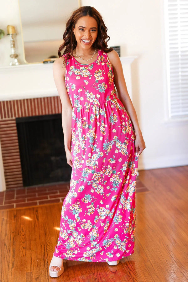 Pink Floral Print Fit and Flare Sleeveless Maxi Dress - Coeur de la Mode