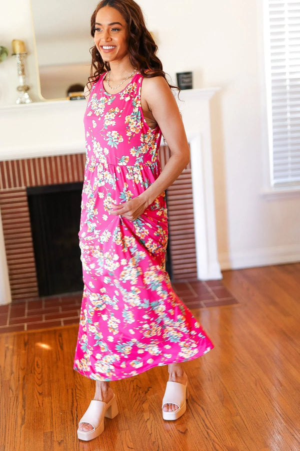 Pink Floral Print Fit and Flare Sleeveless Maxi Dress - Coeur de la Mode