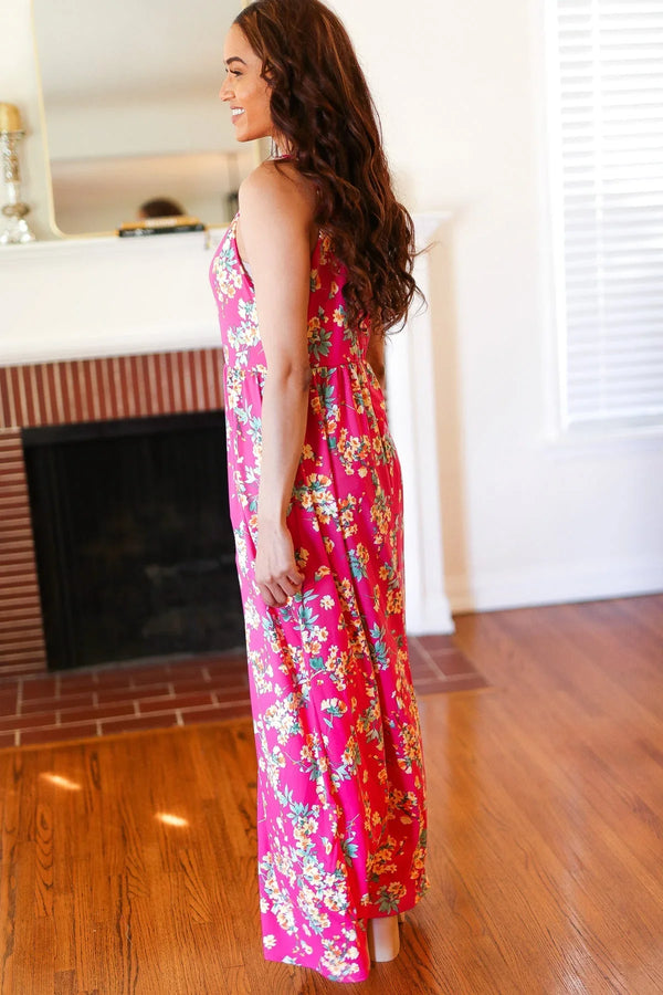Pink Floral Print Fit and Flare Sleeveless Maxi Dress - Coeur de la Mode