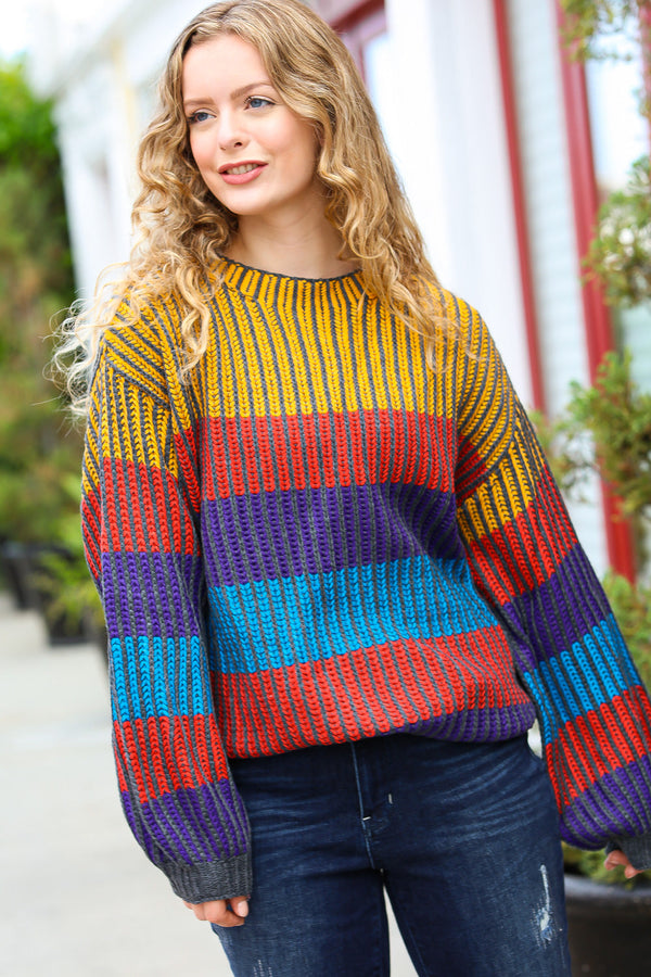 Take All of Me Mustard & Cerulean Stripe Oversized Sweater - Coeur de la Mode