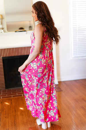 Pink Floral Print Fit and Flare Sleeveless Maxi Dress - Coeur de la Mode
