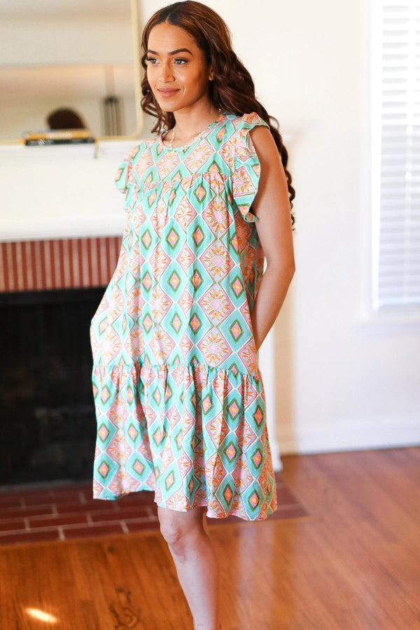 Mint Geo Boho Print Yoke Poplin Woven Dress - Coeur de la Mode