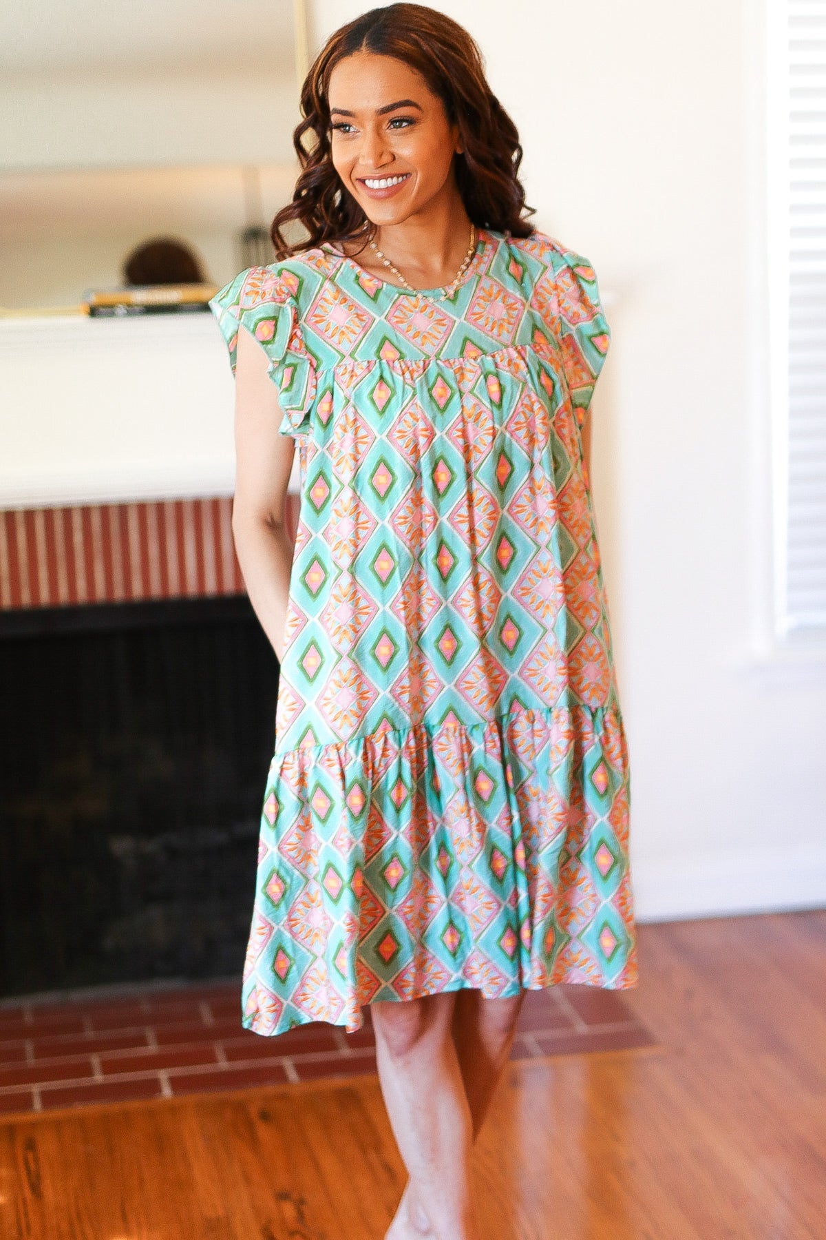 Mint Geo Boho Print Yoke Poplin Woven Dress