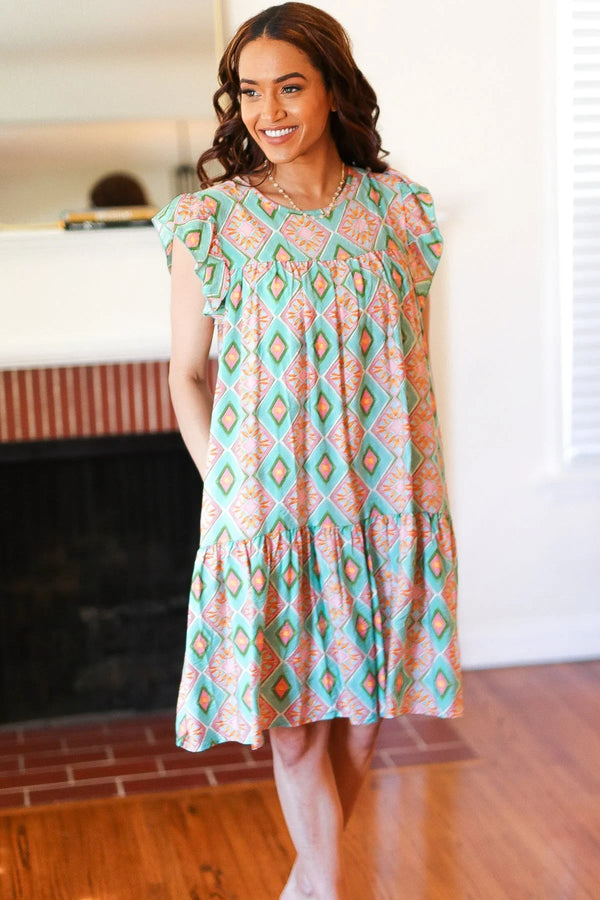 Mint Geo Boho Print Yoke Poplin Woven Dress - Coeur de la Mode