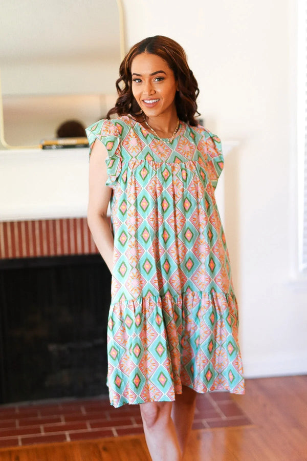 Mint Geo Boho Print Yoke Poplin Woven Dress - Coeur de la Mode