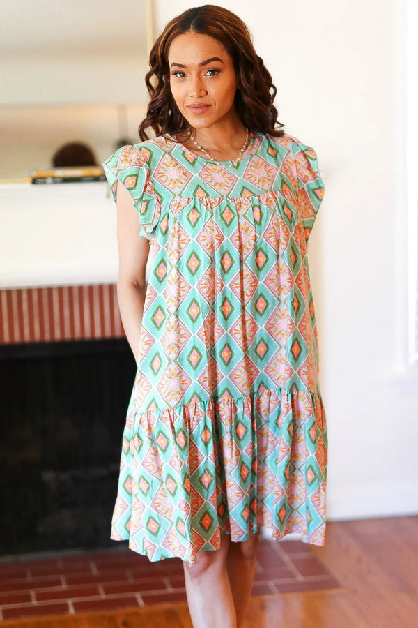 Mint Geo Boho Print Yoke Poplin Woven Dress - Coeur de la Mode