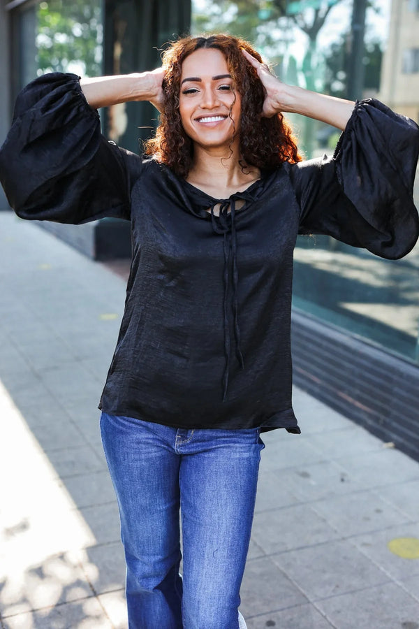 Live For Today Black Woven Front Tie Silky Blouse - Coeur de la Mode