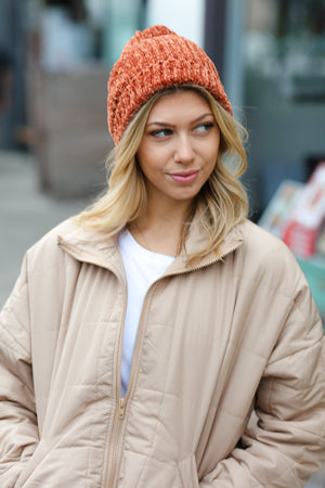 Rust Knit Velvet Chenille Fold Over Beanie - Coeur de la Mode