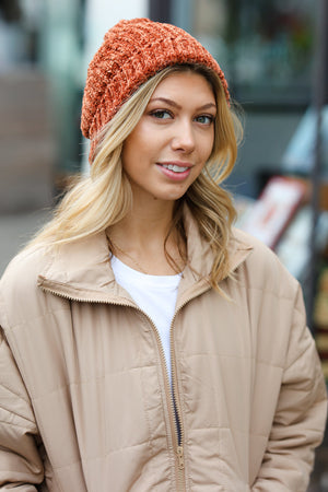Rust Knit Velvet Chenille Fold Over Beanie - Coeur de la Mode