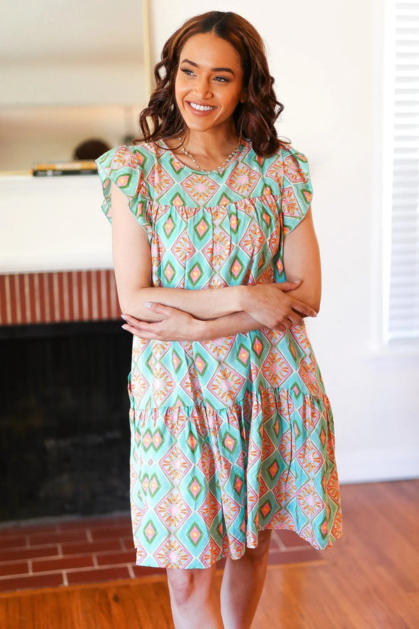 Mint Geo Boho Print Yoke Poplin Woven Dress - Coeur de la Mode