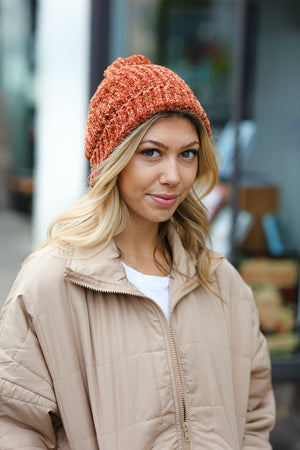 Rust Knit Velvet Chenille Fold Over Beanie - Coeur de la Mode