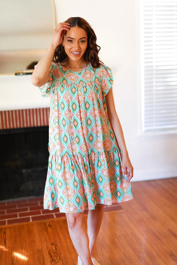 Mint Geo Boho Print Yoke Poplin Woven Dress - Coeur de la Mode